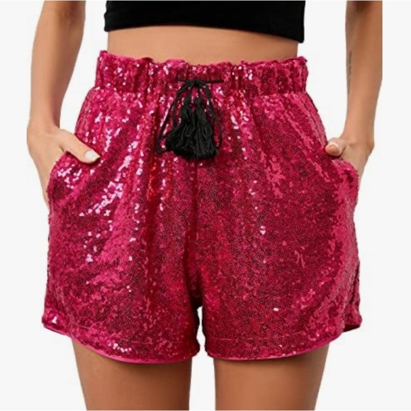 Pants - Womens Sequin Shorts High Waist Casual Loose A Line Hot Pants Sparkly Night-Out